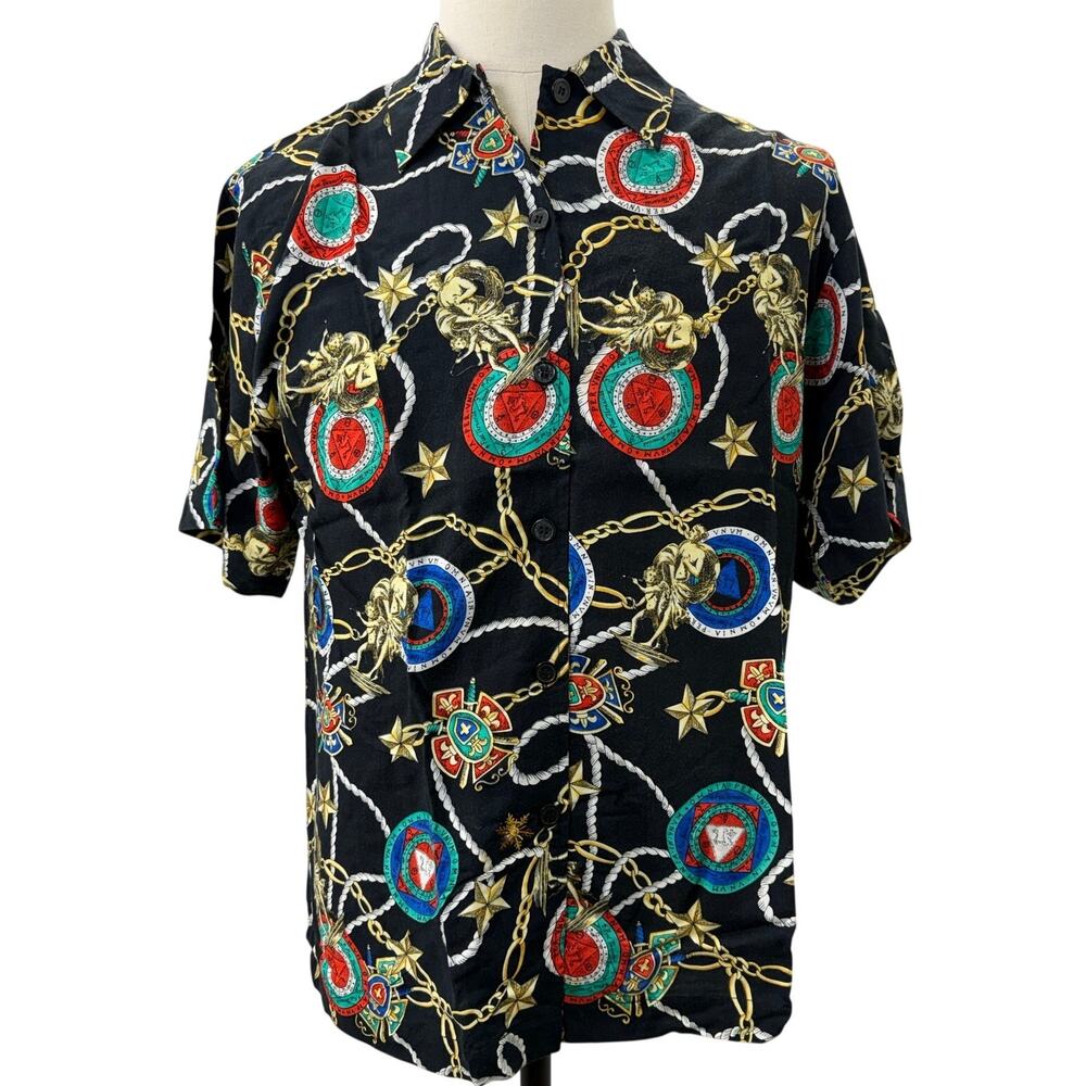 Vintage 90s Women's Oversized Medium Nautical Chain Rayon Blouse Cabazon